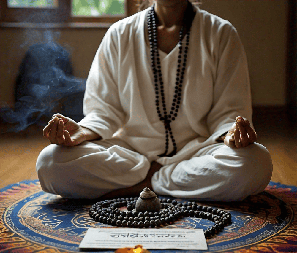 A serene image of a person meditating with Rudraksha beads while chanting mantras, embodying focus and spiritual connection